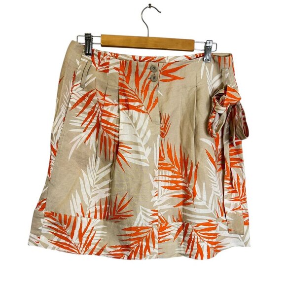 Sandro Linen Blend Tropical Print Mini Skirt Tan Orange Sz 10 Belt Pleated Light - Picture 1 of 5